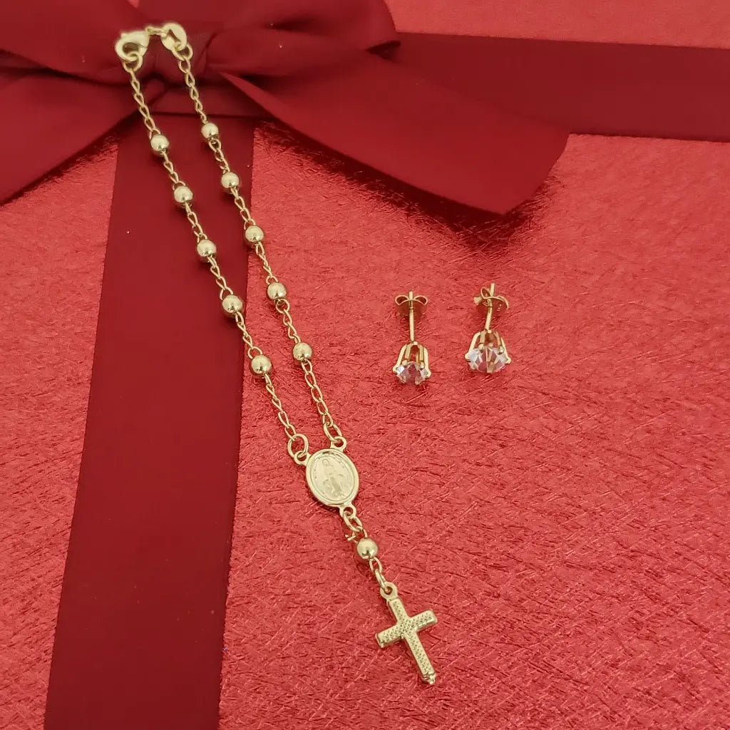Women's Set with Decade Rosary, Pair Crystal Stud Earrings